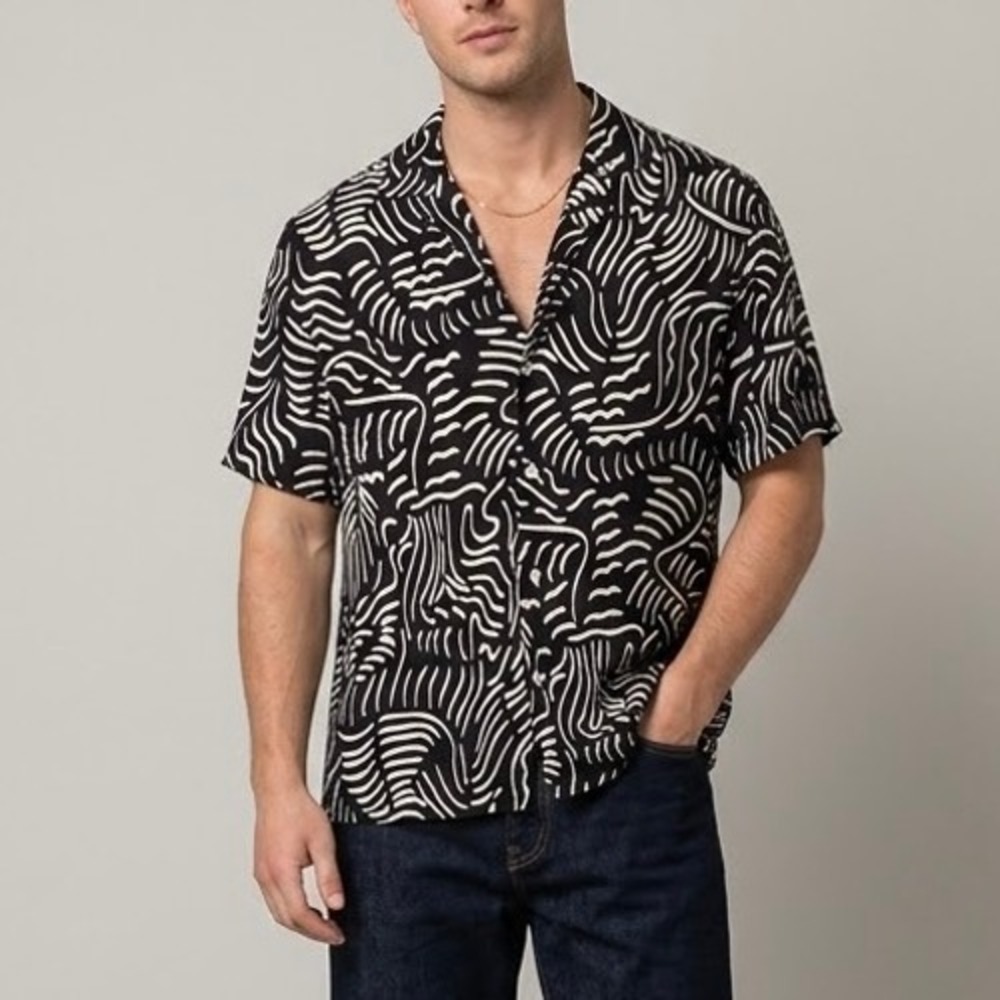 OAS Tar Lorenzo Viscose Shirt Black White Abstract Short Sleeve Size Medium